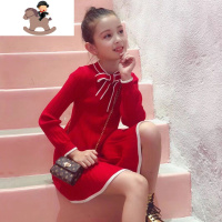 YueBin女童连衣裙秋冬款红色公主裙中大童过年裙子儿童蝴蝶结针织毛衣裙裙子