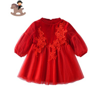YueBin女童连衣裙秋冬款加绒过年公主风红色纱裙子宝宝周岁礼服女新年装裙子