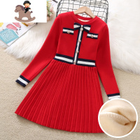 YueBin女童加绒毛衣裙冬厚儿童红色新年装过年衣服女孩拜年针织连衣裙子裙子