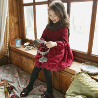 YueBin女童过年裙子小童秋冬加绒蕾丝酒红色宝宝公主裙儿童连衣裙冬裙裙子