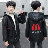 YueBin2020新款男童冬装加绒皮衣中大童冬季加厚PU皮外套男孩连帽风衣潮毛衣