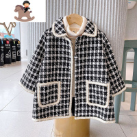 YueBin新款童装女童格子呢大衣小女孩秋冬中长款风衣宝宝儿童洋气外套潮毛衣