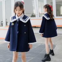 YueBin2020秋冬女童毛呢外套中大童学院风大翻领斗篷夹棉呢子大衣中长款毛衣