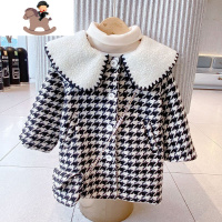 YueBin新款韩版女童羔绒加厚夹棉外套儿童洋气千鸟格毛呢大衣宝宝冬装毛衣