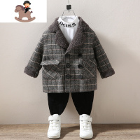YueBin男童外套秋冬款2020新款宝宝一体绒呢大衣儿童韩版格子加厚上衣潮毛衣