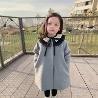 YueBin女童毛呢外套秋冬韩版儿童宝宝杜邦棉荷叶领中长款呢子大衣毛衣