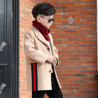 YueBin男童呢子大衣2019新款秋冬单排扣织带拼接毛呢外套中大童加厚洋气毛衣