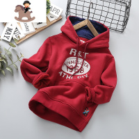 YueBin男童红色卫衣中大童深秋加绒连帽套头衫儿童休闲运动衫印花潮上衣卫衣童