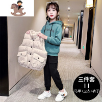 YueBin女童工装套装2020新款韩版儿童洋气秋冬季加绒加厚卫衣马甲三件套卫衣童