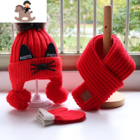 YueBin秋冬季宝宝帽子围巾套装儿童加厚针织毛线帽子围围脖手套可爱猫咪套装童