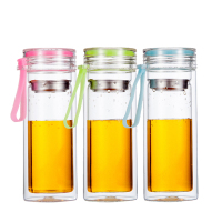 水杯玻璃杯子双层水果玻璃杯女士水杯耐热茶杯提绳韩版情侣杯子