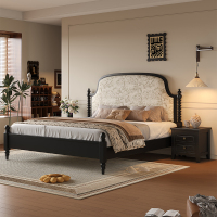 法式复古实木床1.8米主卧双人床美式软包床1.5米黑色中古风画屏床婚床