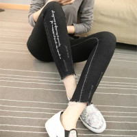 韩版高腰九分裤女夏季破洞小脚弹力牛仔裤