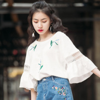 短袖T恤女夏装新款韩版宽松荷叶边喇叭袖T恤 chic半袖上衣