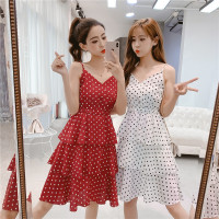 2019新款韩版女夏中长裙波点露背吊带连衣裙V领蛋糕裙