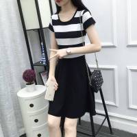2019夏季韩版修身显瘦条纹连衣裙女短袖拼接中长款大摆裙