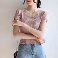 冰丝纯色针织T恤女夏季新款修身显瘦高腰短款圆领花边打底衫