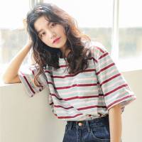 夏季新款条纹女短袖t恤学生韩版宽松原宿bf风半袖打底衫上衣
