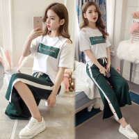 2019新款潮运动套装女学生韩版夏季露肩t恤时尚九分阔腿裤套装单件/套装可选