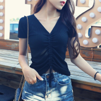 夏季新款V领韩版纯色针织衫女短袖修身时尚抽绳上衣漏肚脐T恤