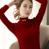 半高领打底衫女2020春秋刺绣字母白色长袖T恤韩版修身上衣潮