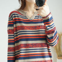 针织长袖女装2020新款春秋v领宽松毛衣条纹针织打底衫