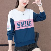 春秋新款女短款撞色拼接圆领卫衣韩版宽松百搭上衣