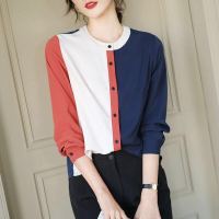 春夏装女撞色拼接衬衫长袖圆领休闲时尚薄款雪纺衬衣