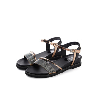 拉夏贝尔一字带扣凉鞋女2019新款夏季百搭粗跟鞋黑色女鞋仙女风潮