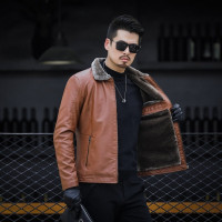 简号皮衣商务休闲皮夹克男士外套加绒加厚毛领防风防水皮衣外套茄克 青CC16825