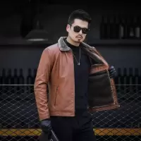 简号皮衣商务休闲皮夹克男士外套加绒加厚毛领防风防水皮衣外套茄克 青CC16825