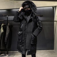 简号青年长款白鸭绒羽绒服男秋冬新保暖白鸭绒防风中长款过膝潮牌工装毛领连帽羽绒服外套男 青CC896#低绒-1
