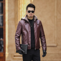 简号修身皮毛一体夹克男防风防水加绒加厚大码男装秋冬老板商务保暖型男可脱卸连帽皮衣夹克外套BS1118