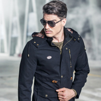简号夹克男中长款外套加肥加大码加绒加厚男士休闲工装军旅军迷保暖连帽大衣单夹克外套男CG616
