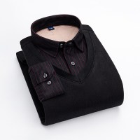 简号秋冬保暖加绒长袖衬衫男士中老年男装假两件加厚商务休闲时尚潮流修身免烫爸爸装加大加肥大码男装加厚衬衣男 青CCJR06