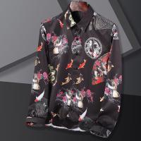 简号潮牌中国风锦鲤水墨画长袖衬衫男秋冬新款青春休闲修身潮流白鹤印花免烫男士大码男装个性衬衣男 青CC6653B