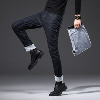 简号潮牌加绒加厚牛仔裤男青少年型男韩版修身时尚潮流高端休闲纯黑色弹力秋冬保暖防风小脚裤牛仔休闲裤 青CC834A