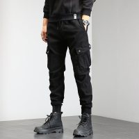 简号潮牌休闲裤男工装裤青少年多口袋弹力韩版修身时尚潮流休闲纯色四季小脚裤百搭工装休闲裤男 青CC8032