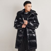 简号潮牌加厚保暖防风羽绒服男士长款过膝情侣装秋冬新款潮流时尚休闲连帽冬季白鸭绒亮面羽绒外套男  青CCYR939