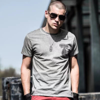 夏季短袖t恤男圆领纯棉修身军旅欧美潮流印花T恤男青年上衣
