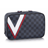 海外直邮路易威登LV男包棋盘格涂层帆布牛皮镶饰大容量手包蓝色拉链梳洗袋N44031