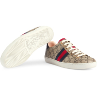 [海外直邮]GUCCI古驰女鞋Ace系列棕色红蓝条纹帆布休闲系带运动鞋499410 K2LH0 9768