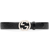海外直邮GUCCI古驰男士腰带新款互扣式双G带扣牛皮4cm宽黑色银扣古奇皮带411924 CWC1N 1000