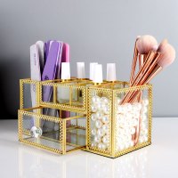 美甲师店桌面收纳盒饰品工具ins笔筒刷子化妆品收纳玻璃金边北欧