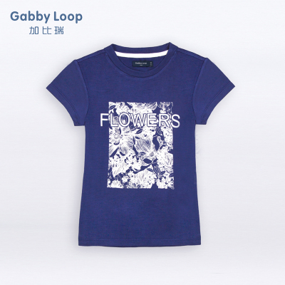 加比瑞(Gabby Loop)2019春装新款男童T恤弹力蓝色印花字母图案短袖中小童儿童休闲简约时尚韩版潮