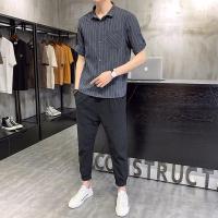 休闲男装套装男2021夏季新款韩版潮流一套薄款男士短袖衬衫两件套串得起