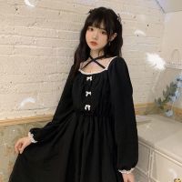 法式复古方领花边黑色日系软妹可爱蝴蝶结收腰长袖桔梗连衣裙女串得起