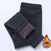 冬季加绒加厚高腰牛仔裤女韩版黑色修身显瘦小脚裤学生弹力长裤子串得起