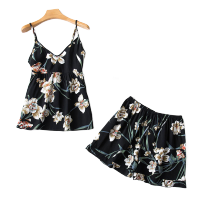 睡衣女夏棉绸可爱两件套短裤无袖背心夏天学生清新少女家居服套装串得起