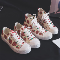 串得起2019新款舒适上脚时尚百搭日常休闲个性草莓女生甜美鞋子小白鞋软妹运动鞋高帮印花帆布鞋女学生韩版莓板鞋潮女串得起